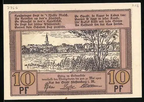 Notgeld Fürstenberg i. M. 1922, 10 Pfennig, Stadtansicht übers Wasser hinweg