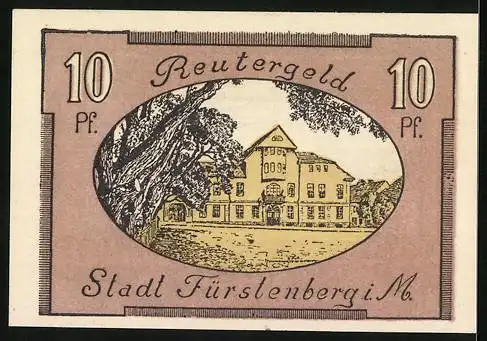 Notgeld Fürstenberg i. M. 1922, 10 Pfennig, Stadtansicht übers Wasser hinweg