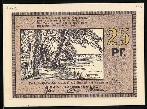 Notgeld Fürstenberg i. M. 1922, 25 Pfennig, Schloss und Partie am Ufer