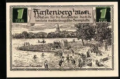 Notgeld Fürstenberg i. Meckl 1921, 1 Mark, Badeleben am Schwedtsee