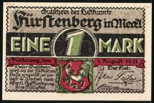 Notgeld Fürstenberg i. Meckl 1921, 1 Mark, Badeleben am Schwedtsee