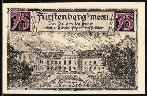 Notgeld Fürstenberg i. Meckl 1921, 75 Pfennig, Sanatorium, ehem. Grossherzogl. Schloss