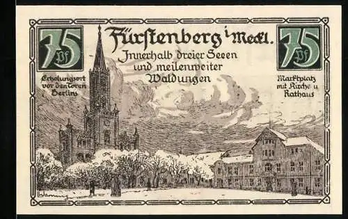 Notgeld Fürstenberg i. Meckl 1921, 75 Pfennig, Marktplatz mit Kirche und Rathaus