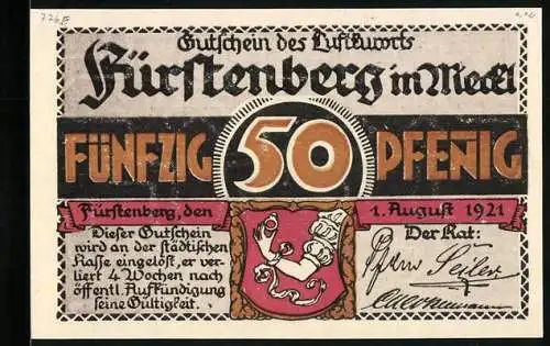 Notgeld Fürstenberg i. Meckl 1921, 50 Pfennig, Landhäuser am Röblinsee
