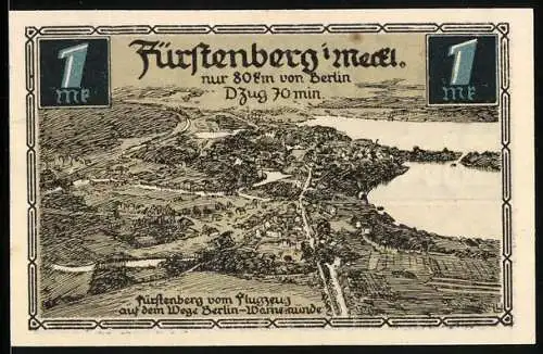 Notgeld Fürstenberg i. Meckl 1921, 1 Mark, Ortsansicht vom Flugzeug aus