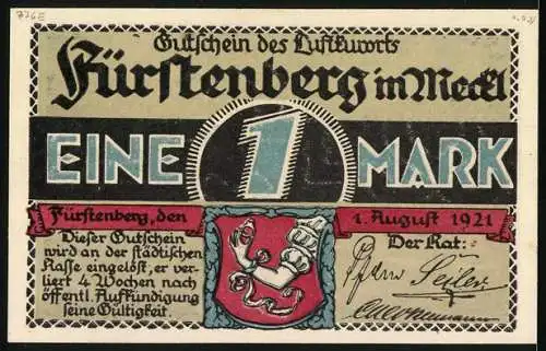 Notgeld Fürstenberg i. Meckl 1921, 1 Mark, Ortsansicht vom Flugzeug aus