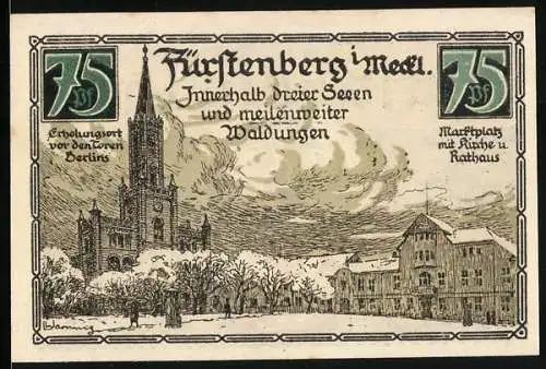 Notgeld Fürstenberg i. Meckl 1921, 75 Pfennig, Marktplatz mit Rathaus und Kirche