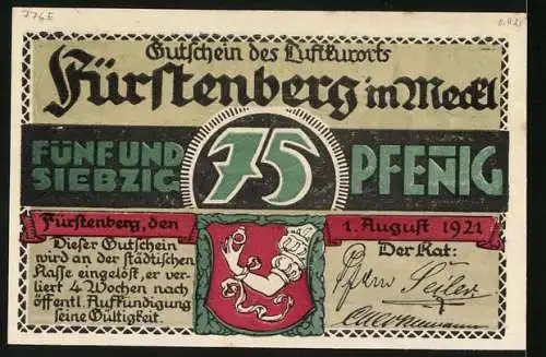 Notgeld Fürstenberg i. Meckl 1921, 75 Pfennig, Marktplatz mit Rathaus und Kirche