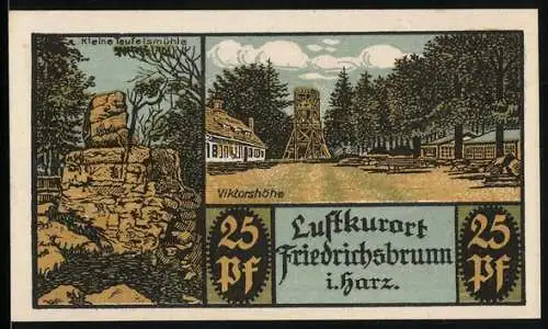 Notgeld Friedrichsbrunn i. Harz 1921, 25 Pfennig, Viktorshöhe und Kleine Teufelsmühle