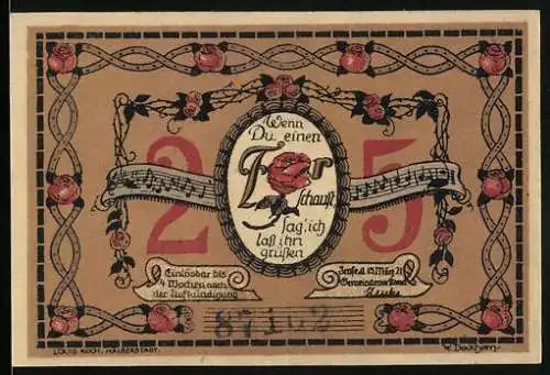 Notgeld Frose in Anhalt 1921, 25 Pfennig, Ortsansicht durch Birken hindurch
