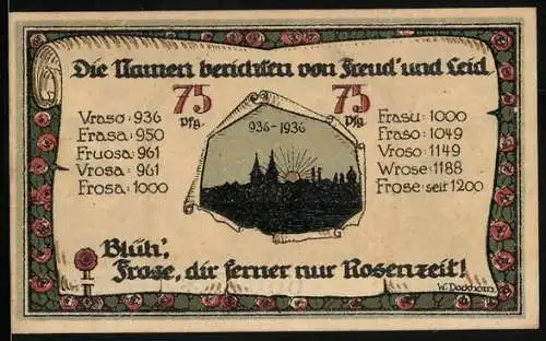 Notgeld Frose in Anhalt 1921, 75 Pfennig, Ortssilhouette mit Sonnenaufgang