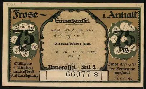 Notgeld Frose in Anhalt 1921, 75 Pfennig, Ortssilhouette mit Sonnenaufgang