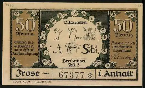 Notgeld Frose in Anhalt 1921, 50 Pfennig, Funde und Jäger aus der Bronzezeit