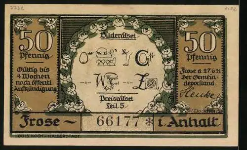 Notgeld Frose in Anhalt 1921, 50 Pfennig, Acker- und Wiesenland