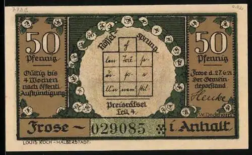 Notgeld Frose in Anhalt 1921, 50 Pfennig, Überschwemmungsgebiet und Fischer