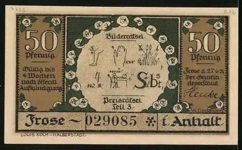 Notgeld Frose in Anhalt 1921, 50 Pfennig, Funde aus der Bronzezeit