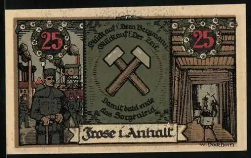 Notgeld Frose in Anhalt 1921, 25 Pfennig, Mine und Bergarbeiter