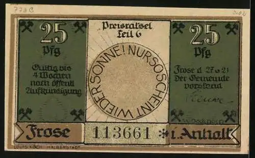 Notgeld Frose in Anhalt 1921, 25 Pfennig, Mine und Bergarbeiter