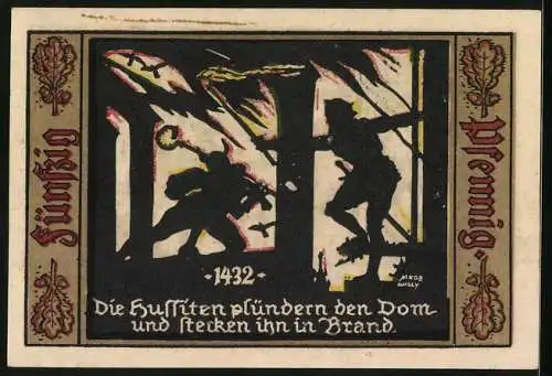 Notgeld Fürstenwalde /Spree 1921, 50 Pfennig, Die Hussiten plündern den Dom und stecken ihn in Brand