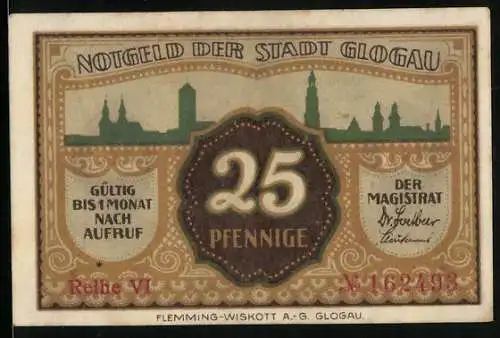 Notgeld Glogau, 25 Pfennig, Wappen und Silhouette der Stadt