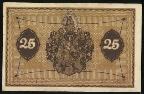 Notgeld Glogau, 25 Pfennig, Wappen und Silhouette der Stadt