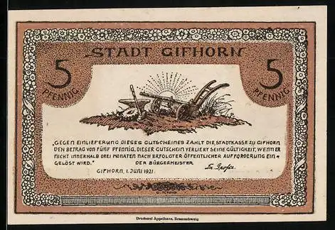 Notgeld Gifhorn 1921, 5 Pfennig, Wanderer, Pflug und Amboss