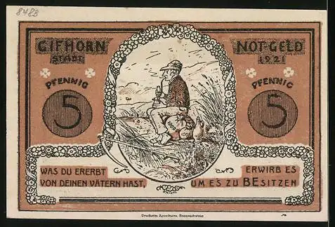 Notgeld Gifhorn 1921, 5 Pfennig, Wanderer, Pflug und Amboss