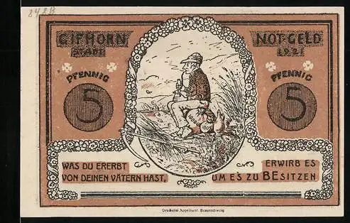 Notgeld Gifhorn 1921, 5 Pfennig, Pflug und Amboss, Wanderer