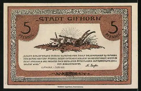 Notgeld Gifhorn 1921, 5 Pfennig, Pflug und Amboss, Wanderer