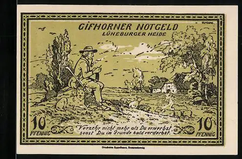 Notgeld Gifhorn 1921, 10 Pfennig, Wanderer in der Lüneburger Heide, Bienenstock