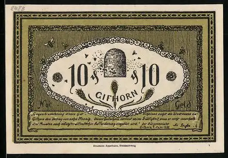 Notgeld Gifhorn 1921, 10 Pfennig, Bienenstock und Wanderer in der Lüneburger Heide