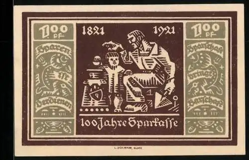 Notgeld Glatz 1921, 100 Pfennig, Figuren mit Tresor