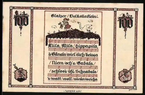 Notgeld Glatz 1921, 100 Pfennig, Mädchen und Gans, Volkslied