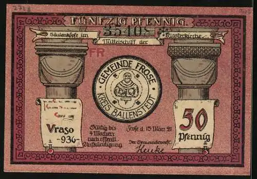 Notgeld Frose in Anhalt 1921, 50 Pfennig, Nonnenstift und Mönchskloster