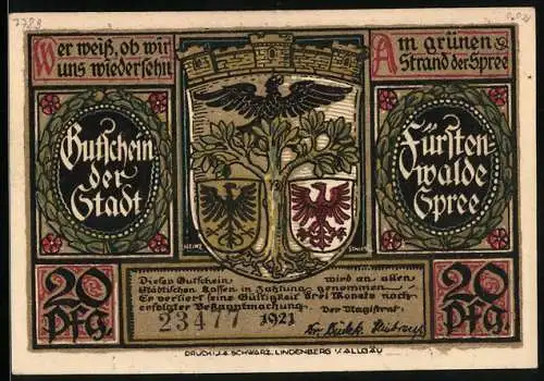 Notgeld Fürstenwalde /Spree 1921, 20 Pfennig, Wappen, Beginn der Kultur