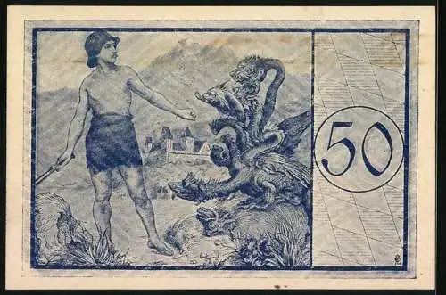 Notgeld Füssen, 50 Pfennig, Soldat kämpft mit Hydra