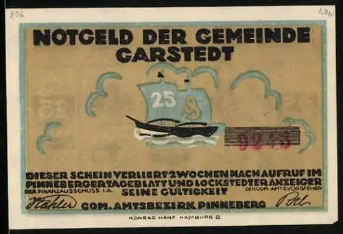 Notgeld Garstedt, 25 Pfennig, Schiff und Bäuerin auf dem Feld