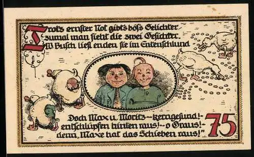 Notgeld Gatersleben 1921, 75 Pfennig, Warte, Max und Moritz