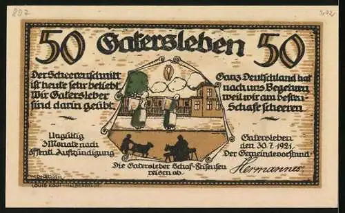 Notgeld Gatersleben 1921, 50 Pfennig, Max und Moritz, Die Schaf-Friseusen reisen ab