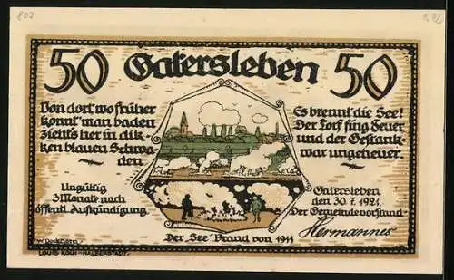 Notgeld Gatersleben 1921, 50 Pfennig, Der See-Brand von 1911