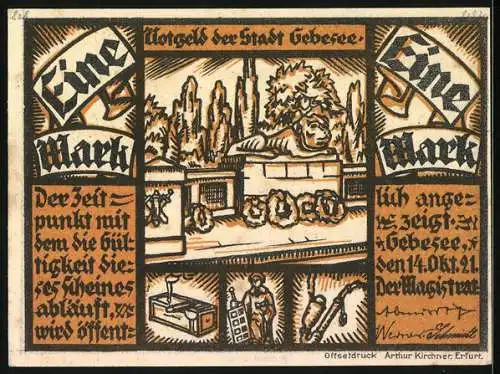 Notgeld Gebesee 1921, 1 Mark, Kartoffelnot und Denkmal