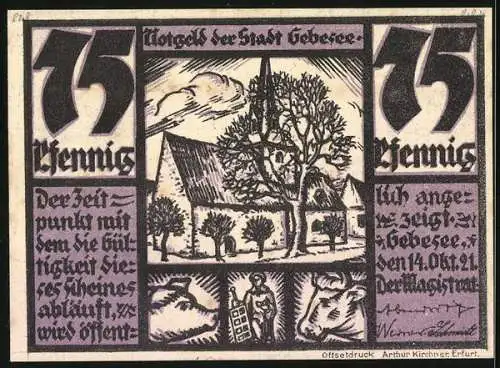 Notgeld Gebesee 1921, 75 Pfennig, Kirche, Hegemal am Pfaffenstein