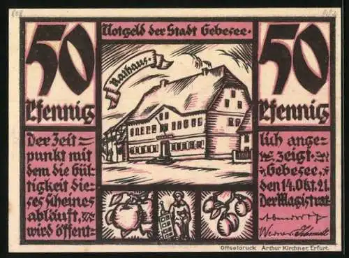 Notgeld Gebesee 1921, 50 Pfennig, Rathaus und Pilger