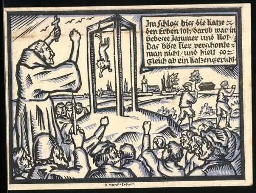 Notgeld Gebesee 1921, 50 Pfennig, Schlosseingang und erhängte Katze