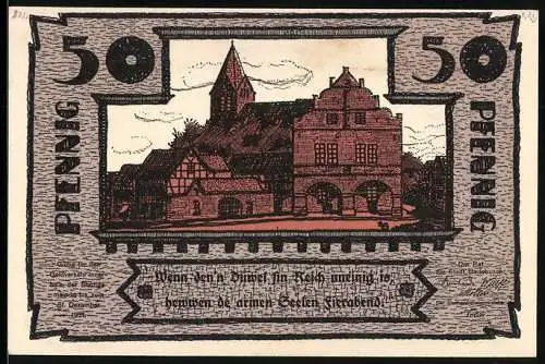 Notgeld Gadebusch 1921, 50 Pfennig, Ortsansicht mit Kirchturm