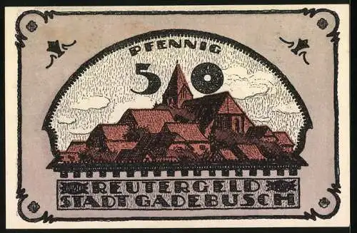 Notgeld Gadebusch 1921, 50 Pfennig, Ortsansicht mit Kirchturm