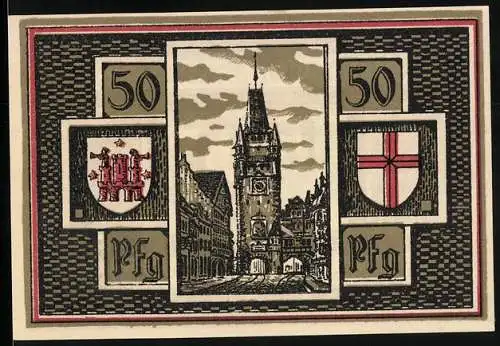 Notgeld Freiburg i. Br. 1921, 50 Pfennig, Wappen und Partie am Turm
