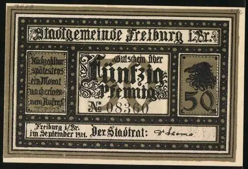 Notgeld Freiburg i. Br. 1921, 50 Pfennig, Wappen und Partie am Turm