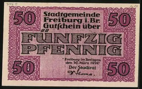 Notgeld Freiburg i. Br. 1920, 50 Pfennig, Menschenmenge auf dem Marktplatz