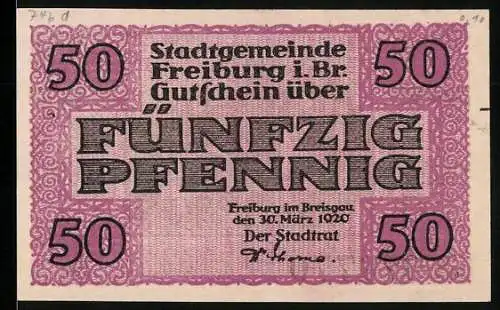 Notgeld Freiburg i. Br. 1920, 50 Pfennig, Stadtpartie mit Kutschen und Passanten
